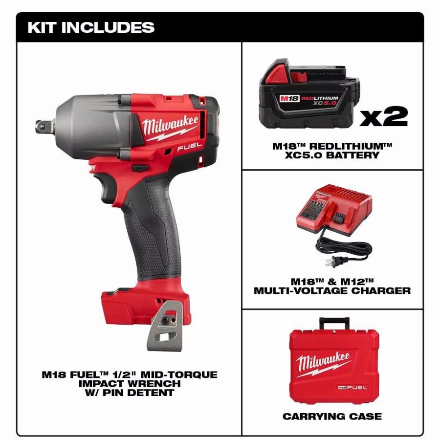 Impact Wrenches * | Impact Wrenches Milwaukee M18 Fuel 18-Volt Lithium-Ion Brushless Cordless Mid Torque 1/2 In. Impact Wrench W/ Pin Detent Kit W/(2) 5.0Ah Batteries