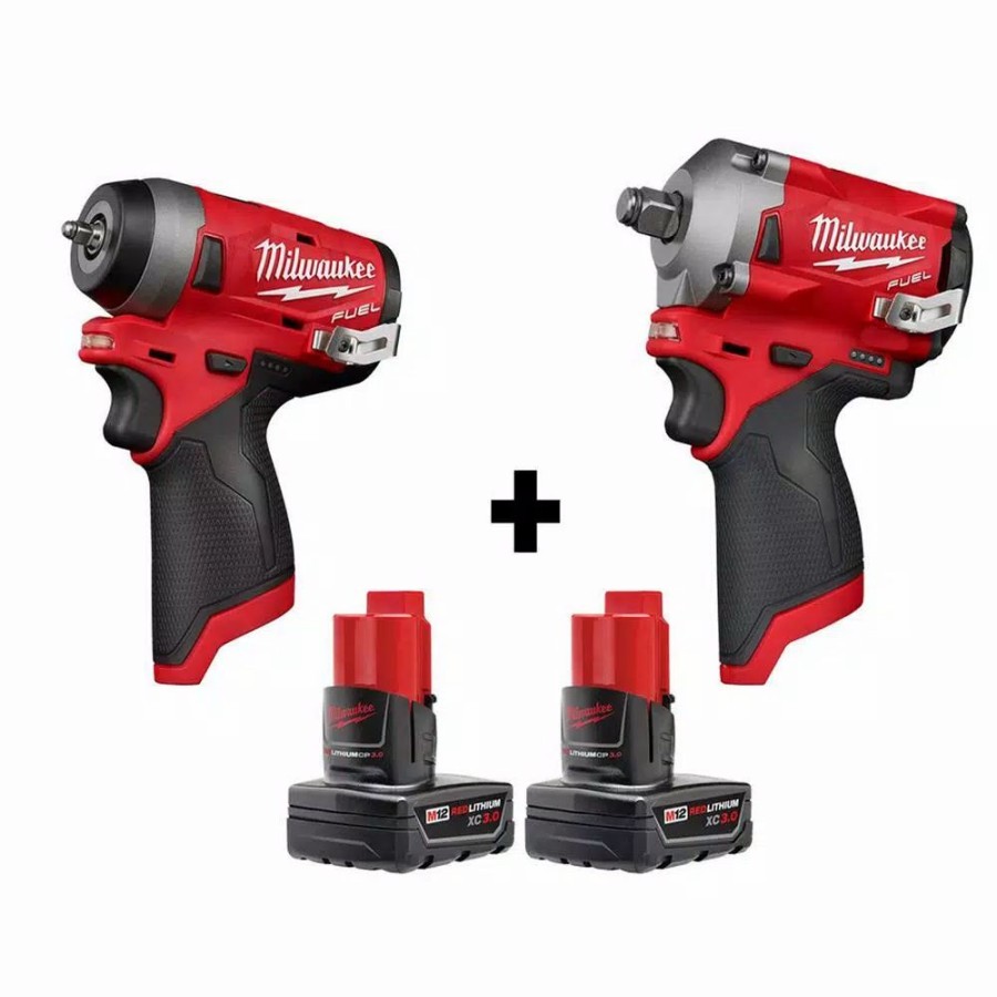 Impact Wrenches * | Milwaukee M12 Fuel 12-Volt Lithium-Ion Brushless Cordless Stubby 1/4 In. And 1/2 In. Impact Wrenches With Two 3.0 Ah Batteries