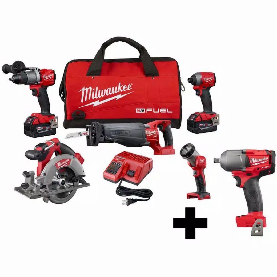 Power Tool Combo Kits * | Power Tool Combo Kits Milwaukee M18 Fuel 18-Volt Lithium-Ion Brushless Cordless Combo Kit (5-Tool) With M18 Fuel Mid Torque 1/2 In. Impact Wrench