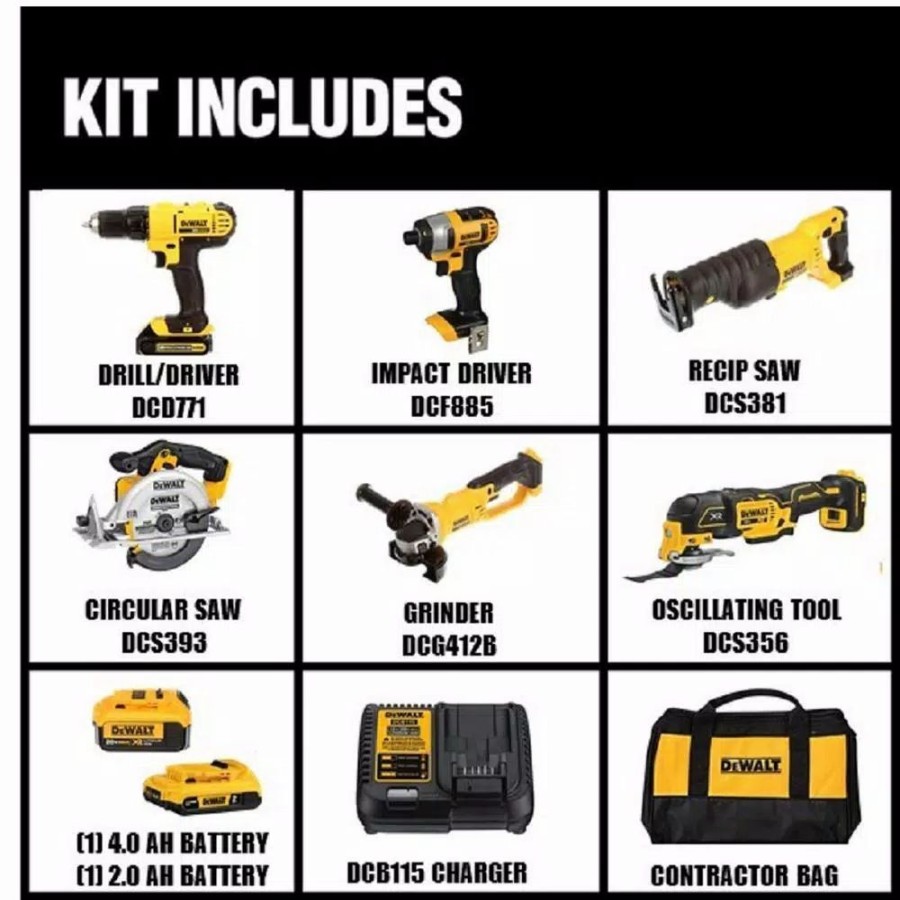 Power Tool Combo Kits * | Power Tool Combo Kits Dewalt 20-Volt Max Cordless Combo Kit (6-Tool) With (1) 20-Volt 4.0Ah Battery, (1) 20-Volt 2.0Ah Battery & 5In. Sander