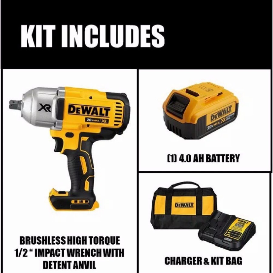 Impact Wrenches * | Impact Wrenches Dewalt 20-Volt Max Xr Cordless Brushless 1/2 In. High Torque Impact Wrench With Detent Pin Anvil, (1) 20-Volt 4.0Ah Battery