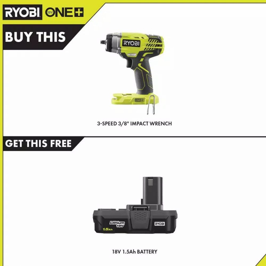 Impact Wrenches * | Impact Wrenches Ryobi 18-Volt One+ Cordless 3/8 In. 3-Speed Impact Wrench With 1.5 Ah Compact Lithium-Ion Battery