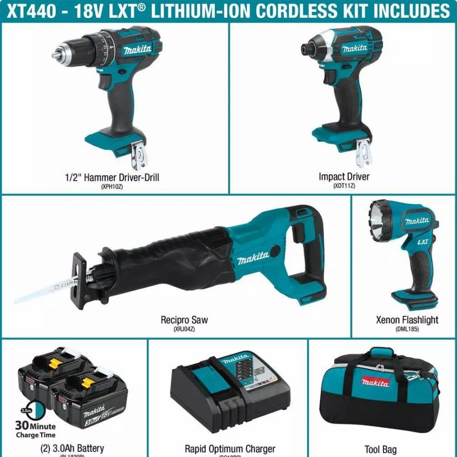 Power Tool Combo Kits * | Power Tool Combo Kits Makita 18-Volt Lxt Lithium-Ion Cordless Combo Kit (4-Piece) (Hammer Drill/ Impact Driver/ Recipro Saw/ Flashlight) (3.0 Ah)