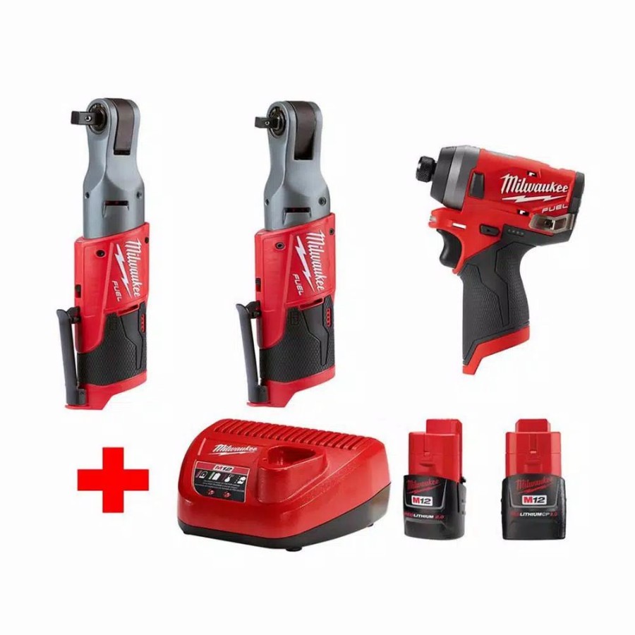 Power Tool Combo Kits * | Power Tool Combo Kits Milwaukee M12 Fuel 12-Volt Lithium-Ion Brushless Cordless Ratchet & Impact Combo Kit (3-Tool) With (2) 2.0Ah Battery & Charger