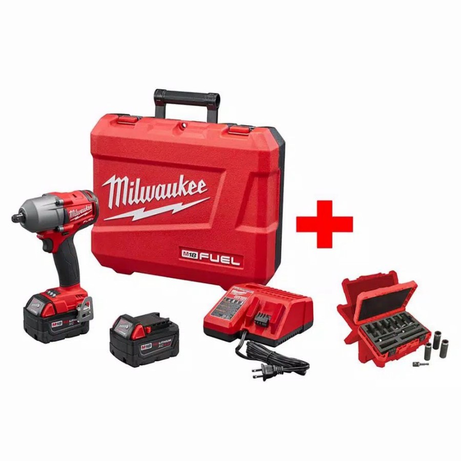 Impact Wrenches * | Impact Wrenches Milwaukee M18 Fuel 18-Volt Lithium-Ion Brushless 1/2 In. Mid Torque Impact Wrench With Pin Detent Kit With Socket Set (9-Piece)