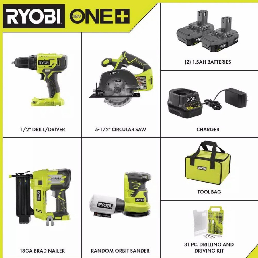 Power Tool Combo Kits * | Power Tool Combo Kits Ryobi 18-Volt One+ Lithium-Ion Cordless 4-Tool Combo Kit With 31-Piece Bit Set, (2) 1.5 Ah Batteries, Charger And Bag