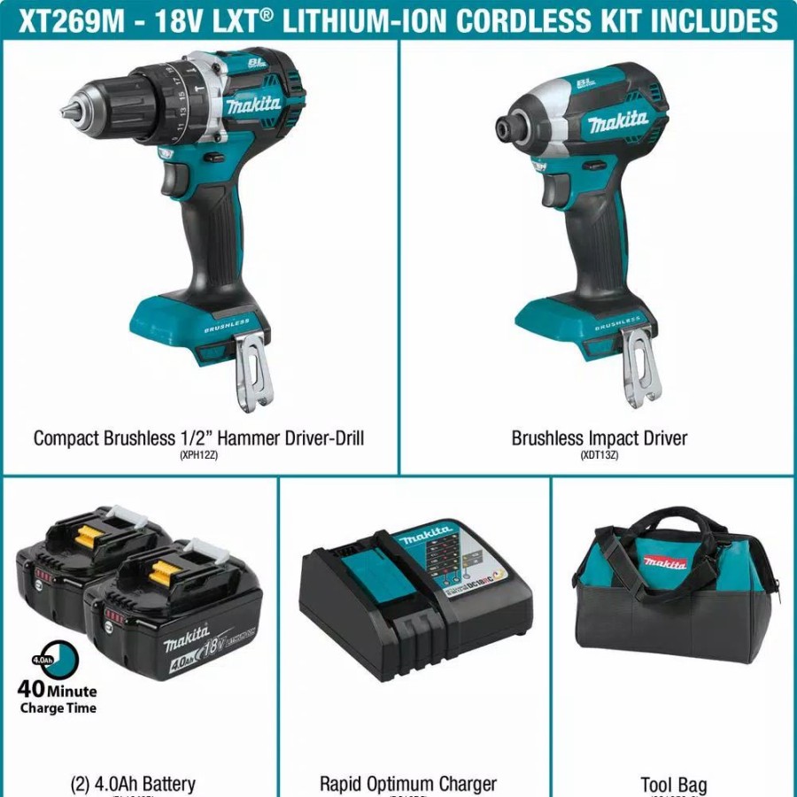 Power Tool Combo Kits * | Power Tool Combo Kits Makita 18-Volt Lxt Lithium-Ion Brushless Cordless Hammer Drill And Impact Driver Combo Kit (2-Tool) W/ (2) 4Ah Batteries, Bag