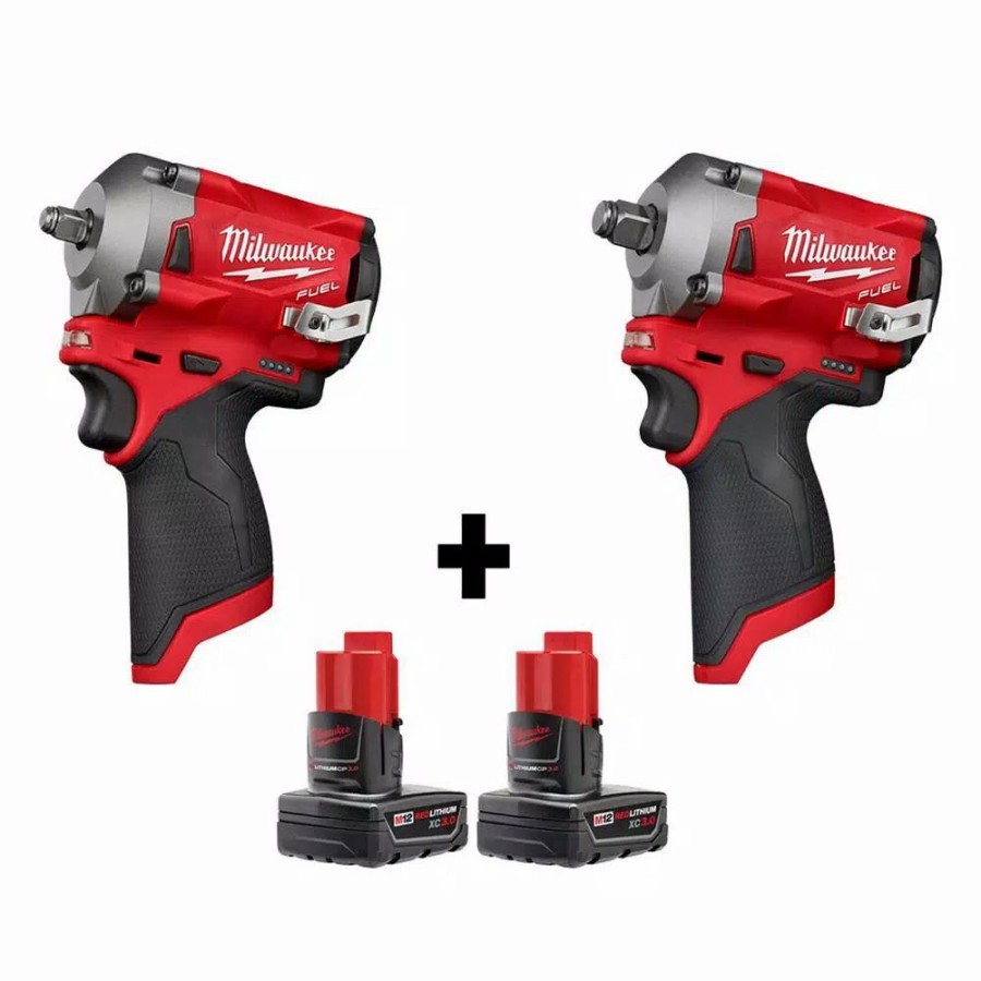 Impact Wrenches * | Milwaukee M12 Fuel 12-Volt Lithium-Ion Brushless Cordless Stubby 3/8 In. And 1/2 In. Impact Wrenches With Two 3.0 Ah Batteries