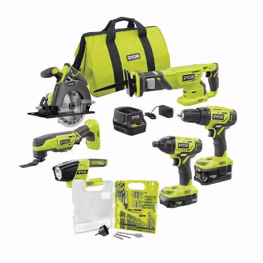 Power Tool Combo Kits * | Power Tool Combo Kits Ryobi 18-Volt One+ Cordless 6-Tool Combo Kit W/ (2) Batteries, Charger & Bag W/ Bonus Drill & Drive Kit (60-Piece)