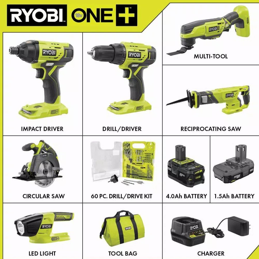 Power Tool Combo Kits * | Power Tool Combo Kits Ryobi 18-Volt One+ Cordless 6-Tool Combo Kit W/ (2) Batteries, Charger & Bag W/ Bonus Drill & Drive Kit (60-Piece)