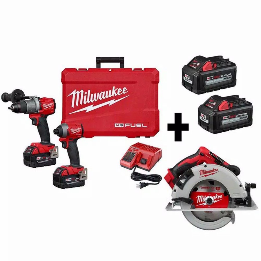 Power Tool Combo Kits * | Power Tool Combo Kits Milwaukee M18 Fuel 18-Volt Lithium-Ion Brushless Hammer Drill/Circular Saw/ Impact Driver Kit With Two 5.0 & Two 6.0 Batteries