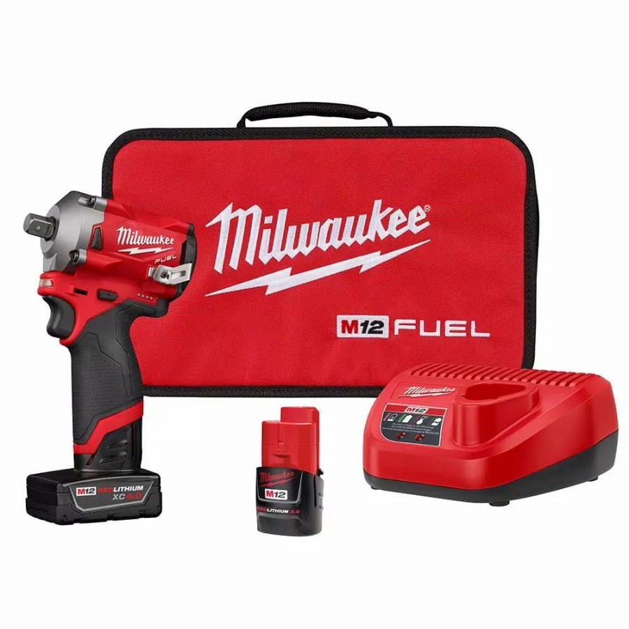 Impact Wrenches * | Impact Wrenches Milwaukee M12 Fuel 12-Volt Lithium-Ion Brushless Cordless Stubby 1/2 In. Impact Wrench Kit With Pin Detent, 2 Batteries And Bag