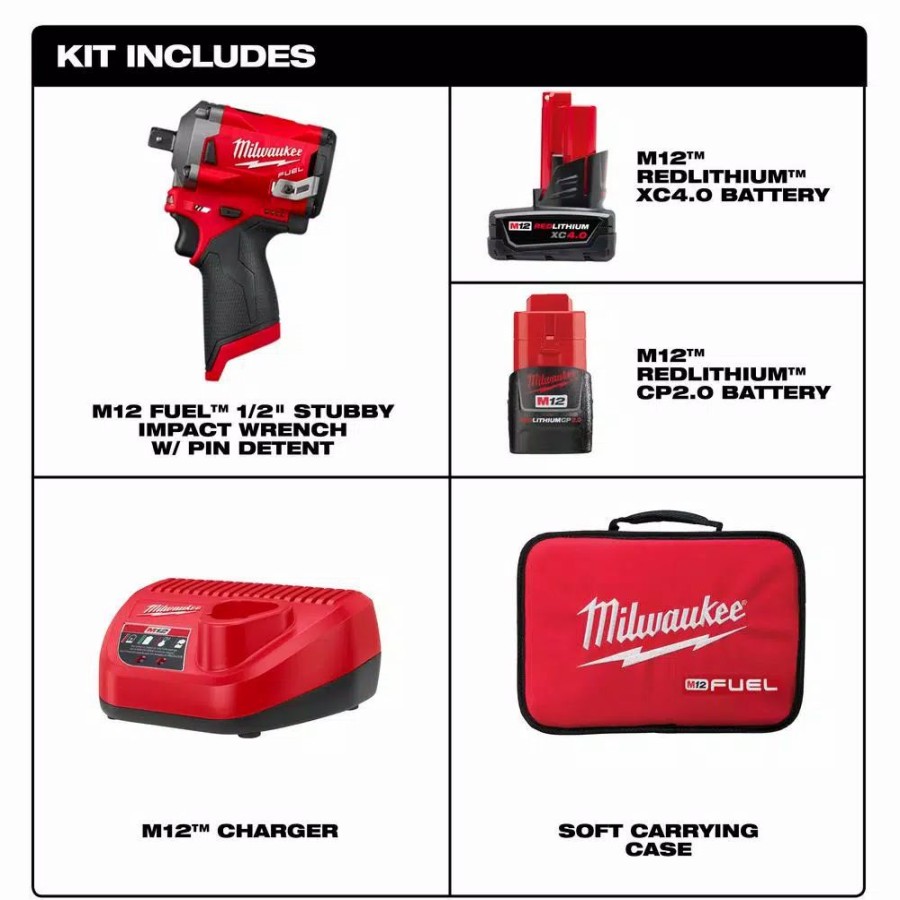 Impact Wrenches * | Impact Wrenches Milwaukee M12 Fuel 12-Volt Lithium-Ion Brushless Cordless Stubby 1/2 In. Impact Wrench Kit With Pin Detent, 2 Batteries And Bag