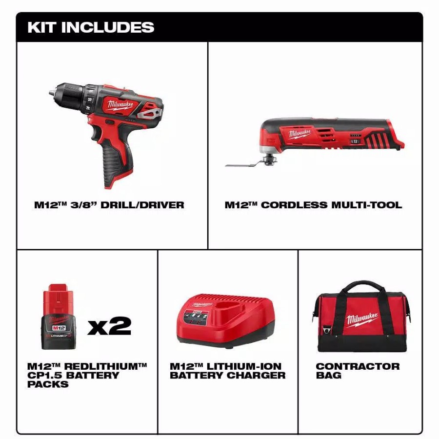 Power Tool Combo Kits * | Power Tool Combo Kits Milwaukee M12 12-Volt Lithium-Ion Cordless Drill Driver/Multi-Tool Combo Kit (2-Tool) With (2) 1.5 Ah Battery And Tool Bag