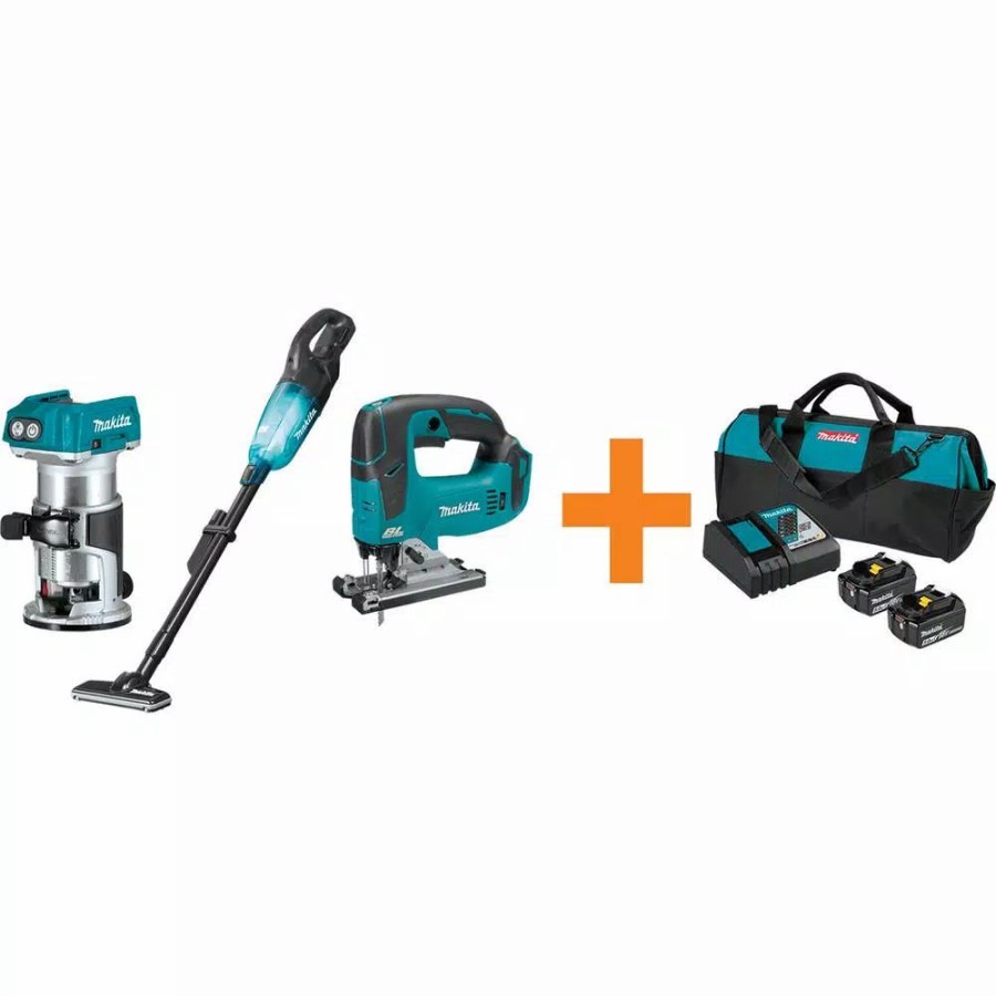 Power Tool Combo Kits * | Power Tool Combo Kits Makita 18-Volt Lxt Brushless Variable Speed Compact Router, 18V Lxt Jig Saw And 18V Lxt Vacuum With Bonus 18V Lxt Starter Pack