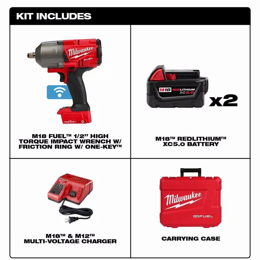 Impact Wrenches * | Impact Wrenches Milwaukee M18 Fuel One-Key 18-Volt Lithium-Ion Brushless Cordless 1/2 In. Impact Wrench W/ Friction Ring Kit W/(2) 5.0Ah Batteries