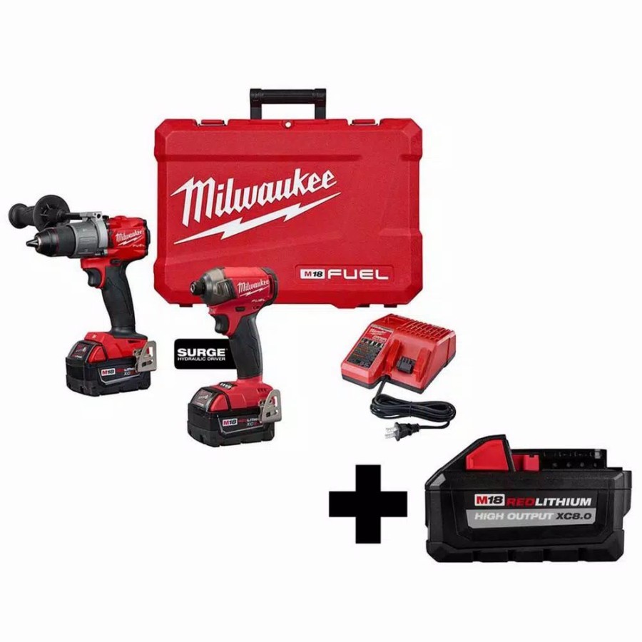 Power Tool Combo Kits * | Power Tool Combo Kits Milwaukee M18 Fuel 18-Volt Lithium-Ion Brushless Cordless Surge Impact/Hammer Drill Combo Kit With High Output 8.0Ah Battery