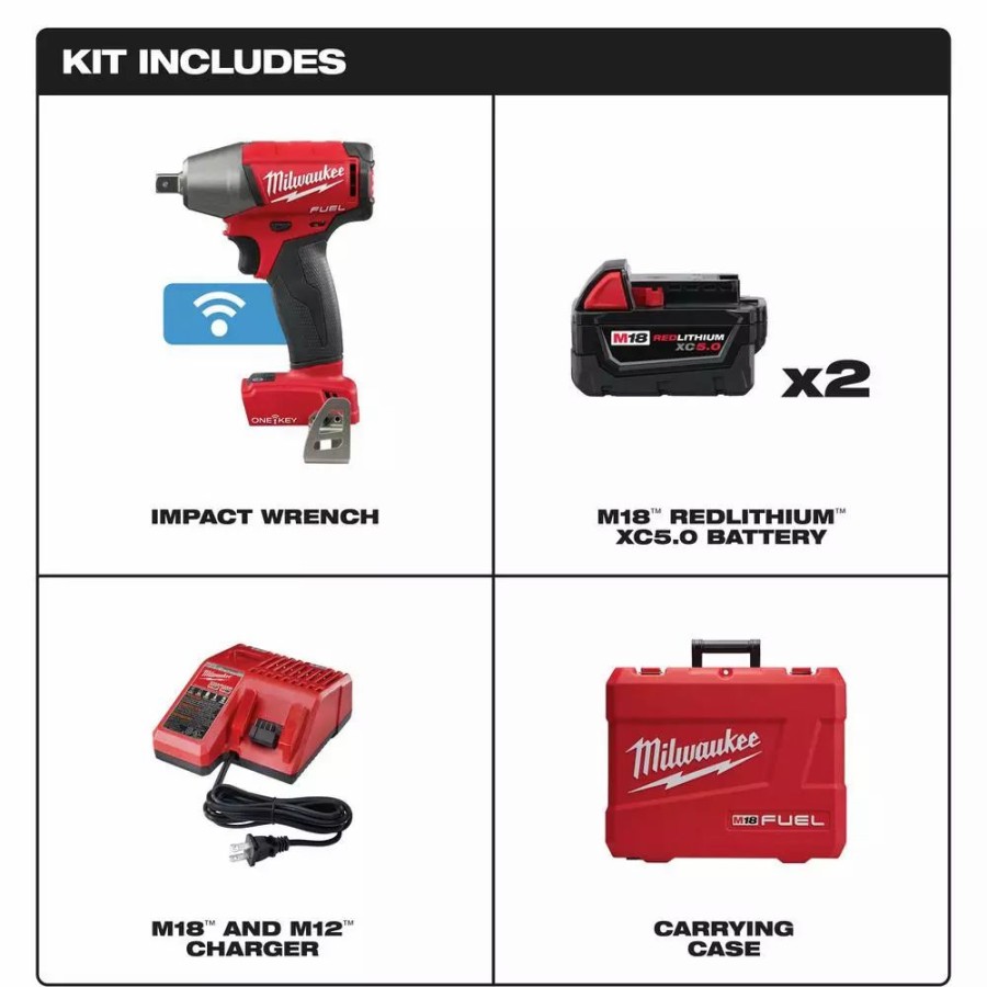 Impact Wrenches * | Impact Wrenches Milwaukee M18 Fuel One-Key 18-Volt Lithium-Ion Brushless Cordless 1/2 In. Impact Wrench W/ Pin Detent Kit W/(2)5.0Ah Batteries