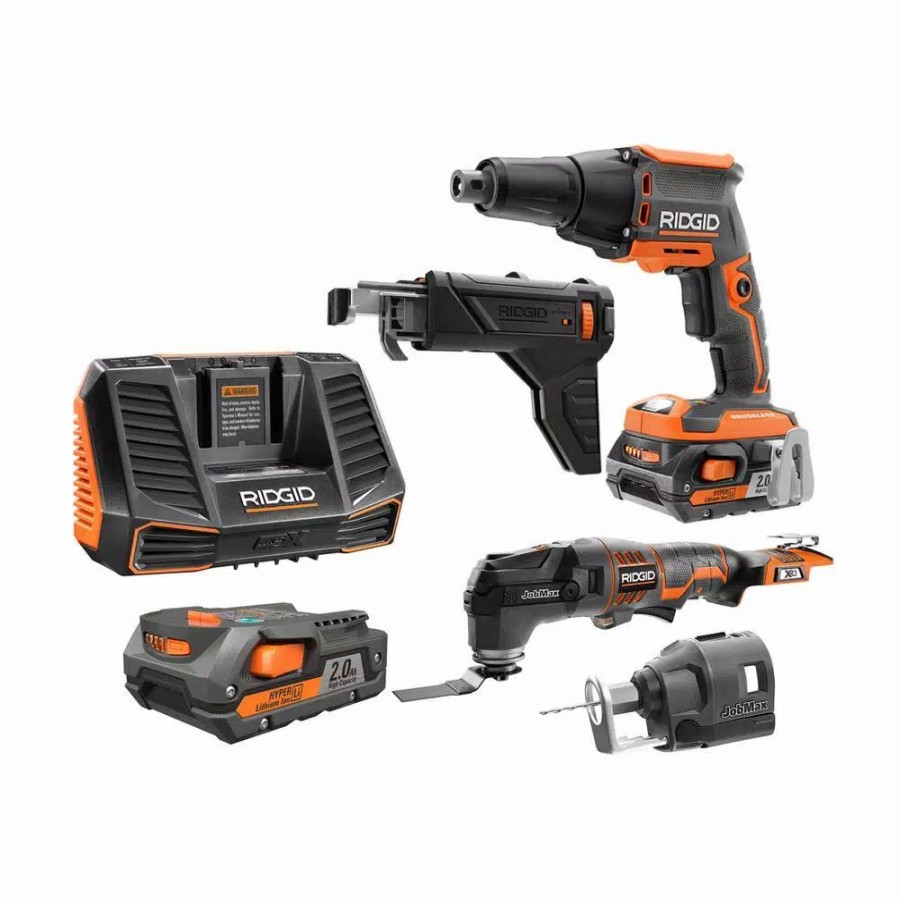 Power Tool Combo Kits * | Power Tool Combo Kits Ridgid 18-Volt Lithium-Ion Cordless Brushless Drywall Screwdriver With Jobmax Multi-Tool, (2) 2.0 Ah Batteries, And Charger