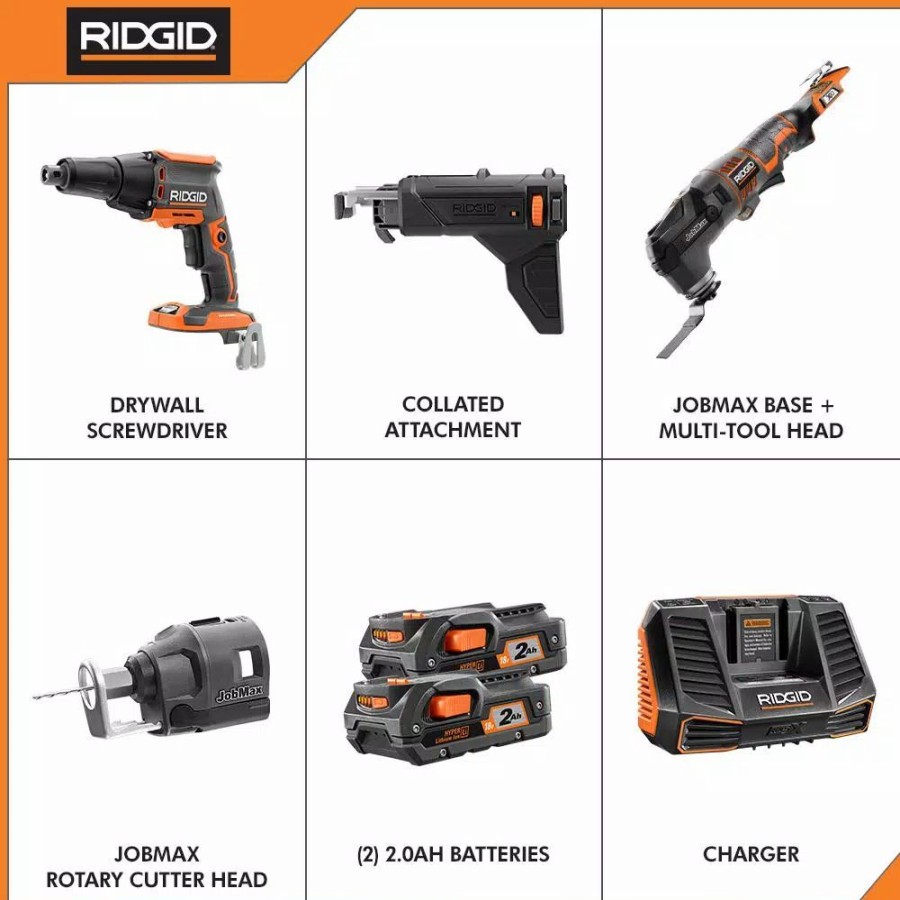 Power Tool Combo Kits * | Power Tool Combo Kits Ridgid 18-Volt Lithium-Ion Cordless Brushless Drywall Screwdriver With Jobmax Multi-Tool, (2) 2.0 Ah Batteries, And Charger