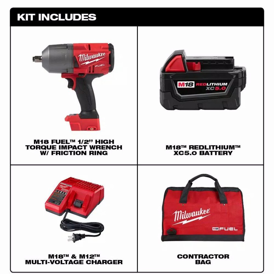 Impact Wrenches * | Impact Wrenches Milwaukee M18 Fuel 18-Volt Lithium-Ion Brushless Cordless 1/2 In. Impact Wrench W/Friction Ring Kit W/One 5.0 Ah Battery And Bag