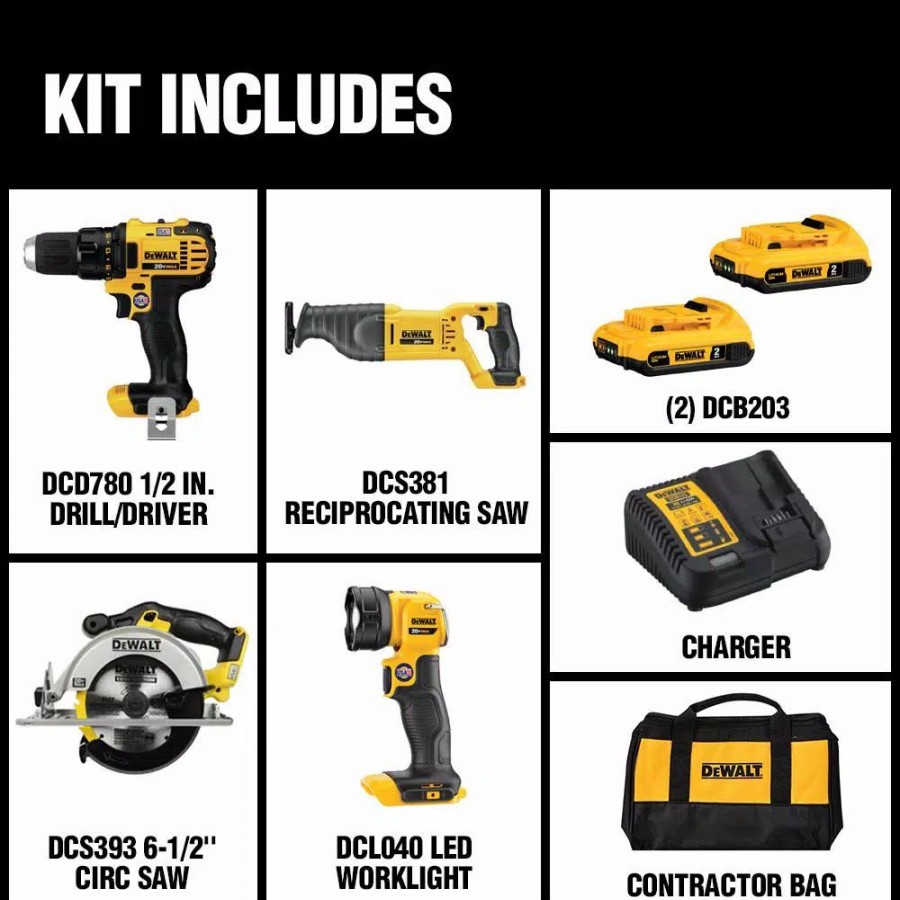 Power Tool Combo Kits * | Power Tool Combo Kits Dewalt 20-Volt Max Cordless Combo Kit (4-Tool) With (2) 20-Volt 2.0Ah Batteries & Charger