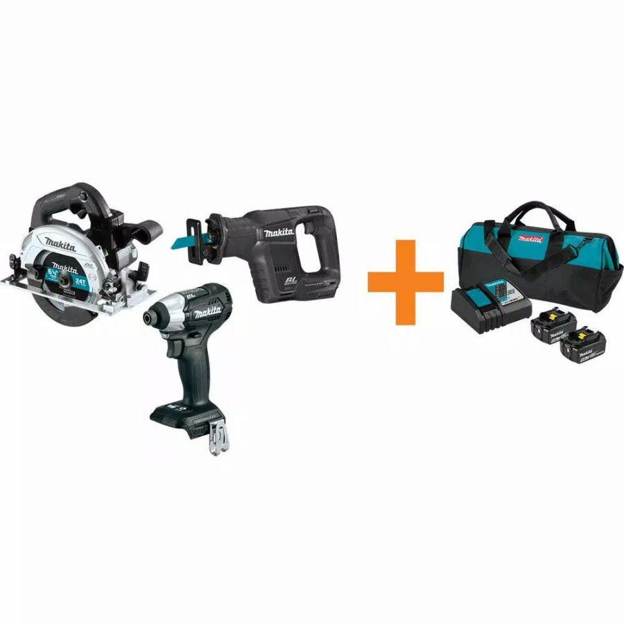 Power Tool Combo Kits * | Power Tool Combo Kits Makita 18V Lxt Sub-Compact Brushless Impact Driver, 6-1/2 In. Circ Saw And Recip Saw With Bonus 18V Lxt Starter Pack (5.0Ah)