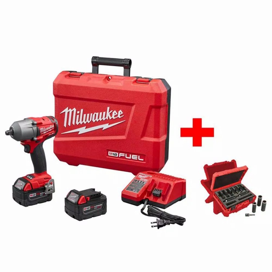 Impact Wrenches * | Impact Wrenches Milwaukee M18 Fuel 18-Volt Lithium-Ion Brushless 1/2 In. Mid Torque Impact Wrench With Friction Ring Kit With Socket Set (9-Piece)