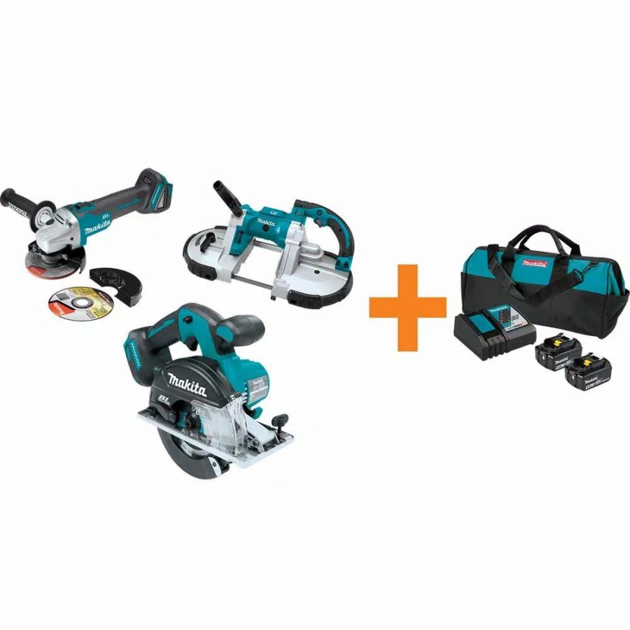 Power Tool Combo Kits * | Power Tool Combo Kits Makita 18V Lxt Brushless 4-1/2 In./5 In. Angle Grinder, 1/2 In. Impact Wrench And 2 Gal. Vacuum With Bonus 18V Lxt Starter Pack