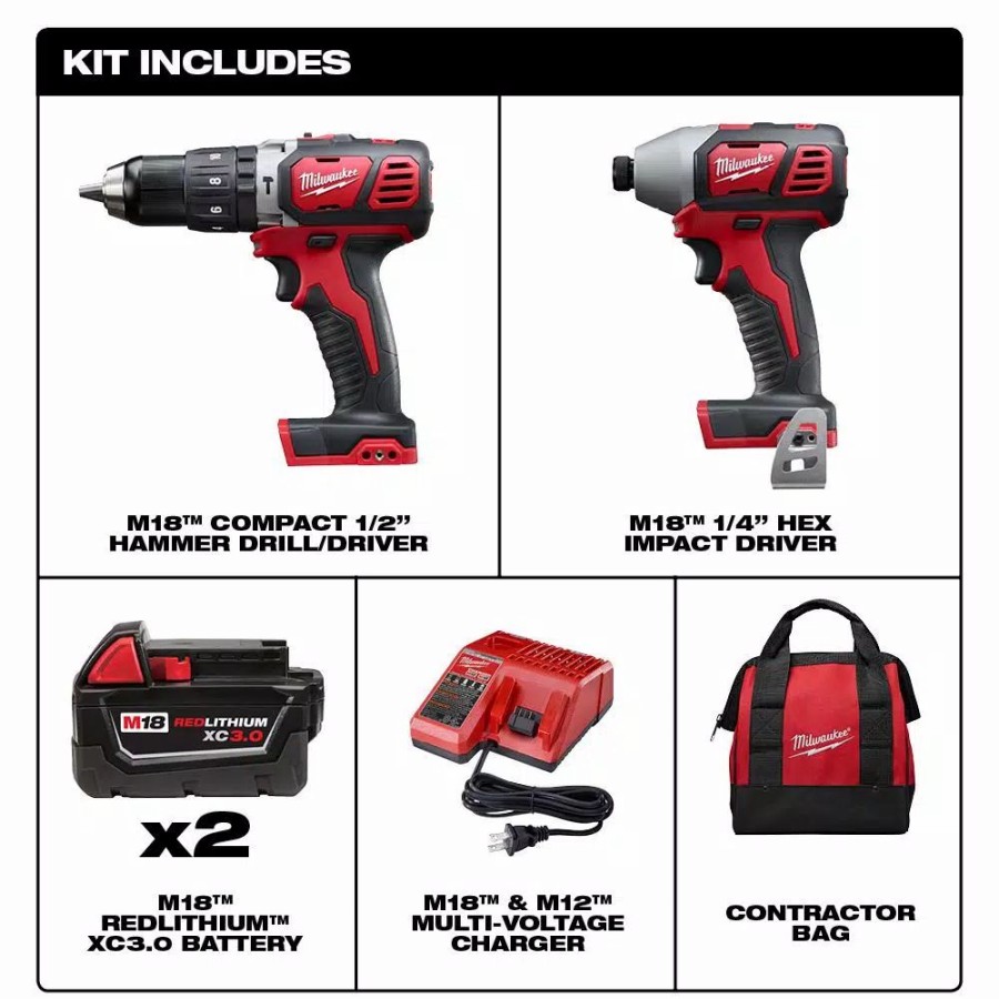 Power Tool Combo Kits * | Power Tool Combo Kits Milwaukee M18 18-Volt Lithium-Ion Cordless Hammer Drill/Impact Driver Combo Kit With Two 3.0 Ah Batteries, Charger, Bag (2-Tool)