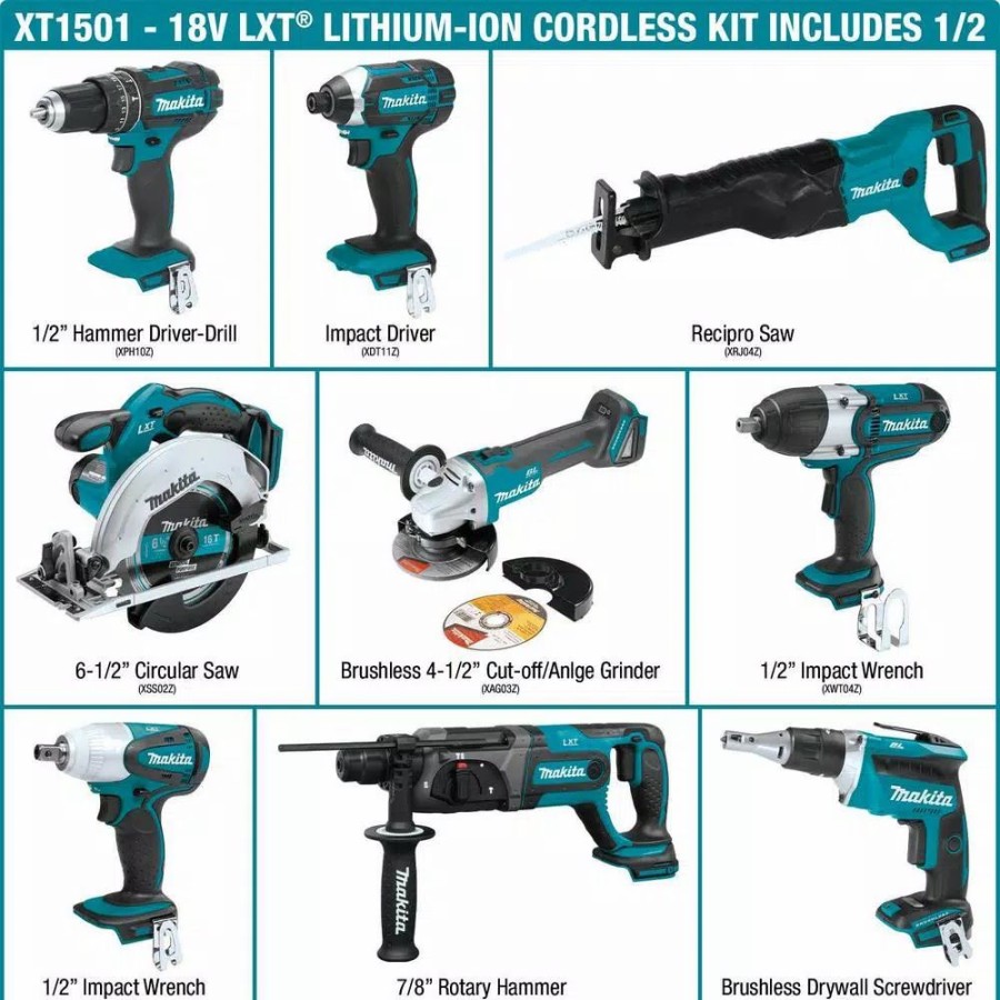 Power Tool Combo Kits * | Power Tool Combo Kits Makita 18-Volt Lxt Lithium-Ion Cordless 15-Piece Combo Kit With (4) Batteries 3.0Ah, Charger And (2) Bags