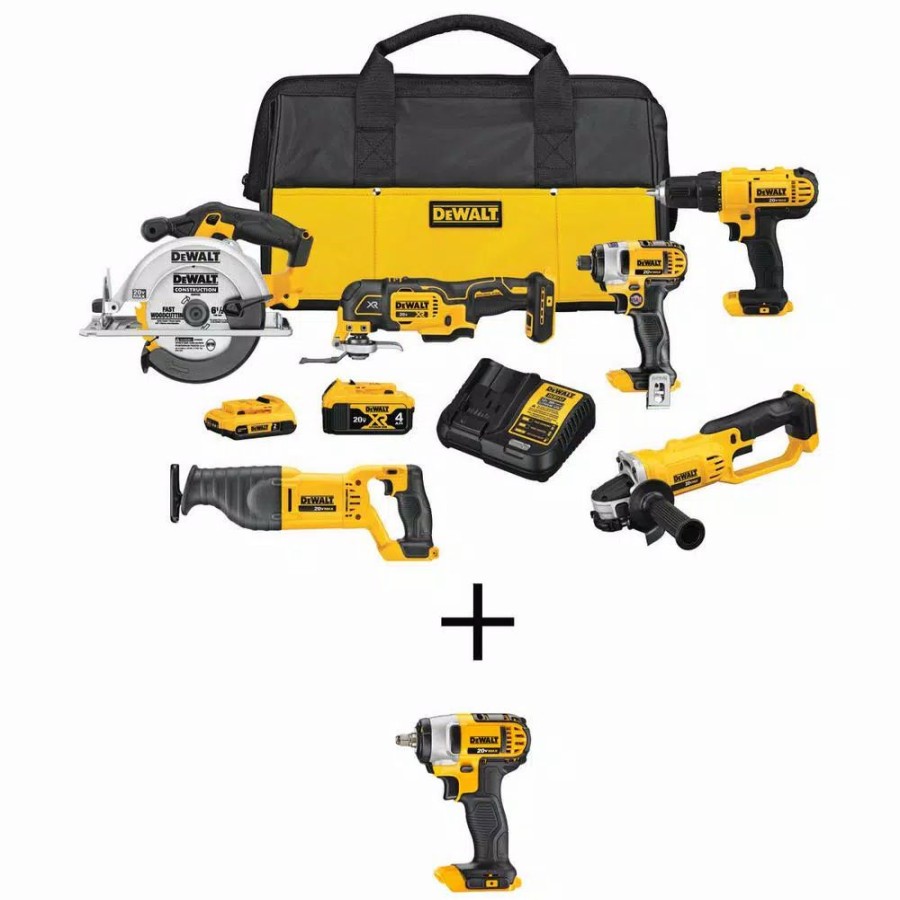 Power Tool Combo Kits * | Power Tool Combo Kits Dewalt 20-Volt Max Cordless Combo Kit (6-Tool) With (1) 20-Volt 4.0Ah Battery, (1) 2.0Ah Battery & 3/8 In. Impact Wrench