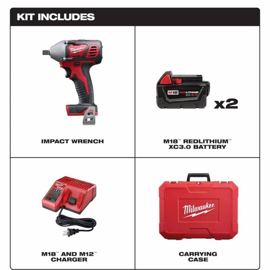 Impact Wrenches * | Impact Wrenches Milwaukee M18 18-Volt Lithium-Ion Cordless 1/2 In. Impact Wrench W/ Pin Detent Kit W/(2) 3.0Ah Batteries, Charger & Hard Case