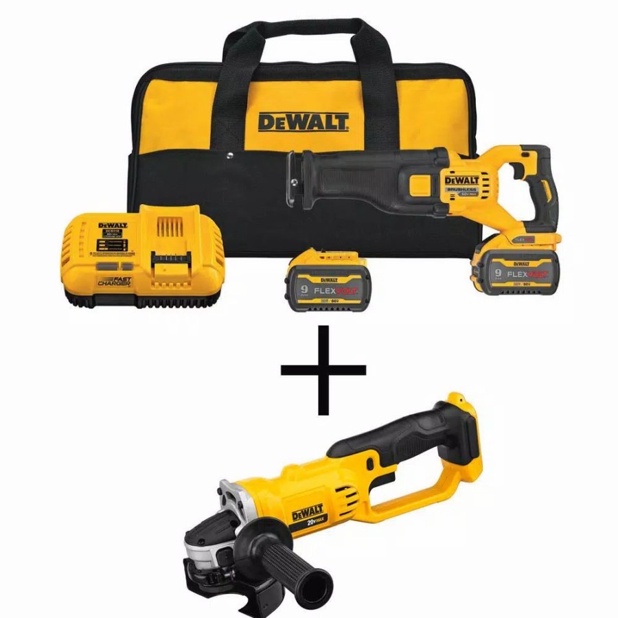 Power Tool Combo Kits * | Power Tool Combo Kits Dewalt Flexvolt 60-Volt Max Cordless Brushless Reciprocating Saw With (2) Flexvolt 9.0Ah Batteries & 4-1/2 In. Grinder