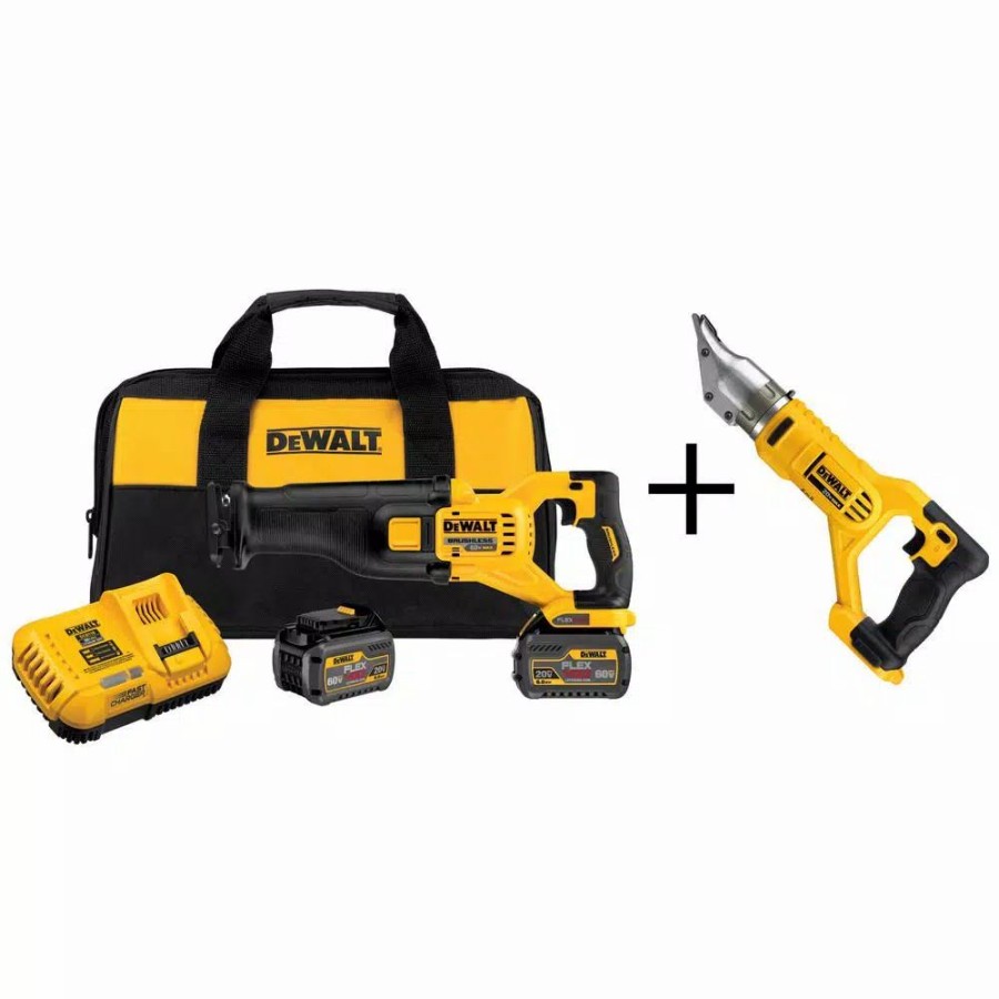 Power Tool Combo Kits * | Power Tool Combo Kits Dewalt Flexvolt 60-Volt Max Lithium-Ion Cordless Brushless Reciprocating Saw With (2) Batteries 2Ah And Bonus Swivel Head Shear