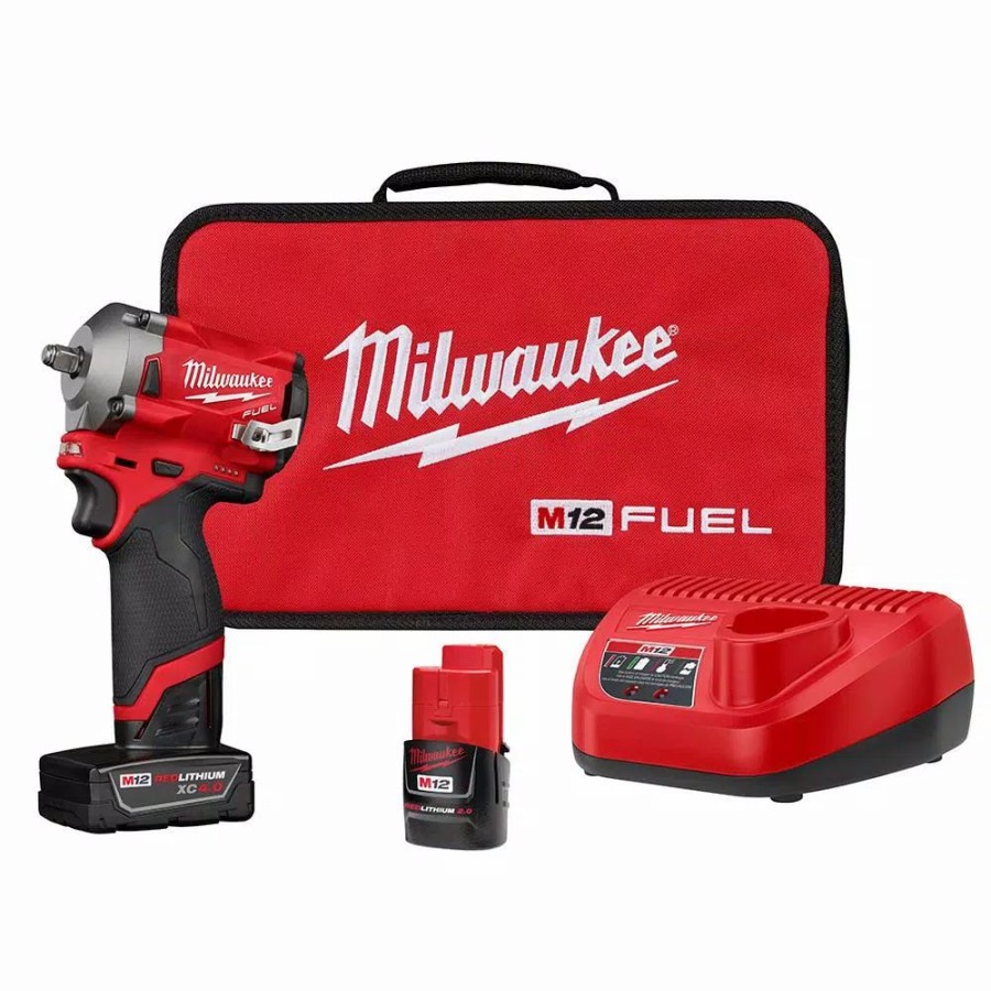 Impact Wrenches * | Impact Wrenches Milwaukee M12 Fuel 12-Volt Lithium-Ion Brushless Cordless Stubby 3/8 In. Impact Wrench Kit With One 4.0 And One 2.0Ah Batteries