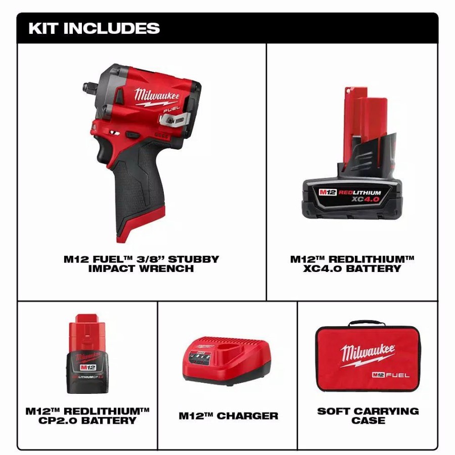 Impact Wrenches * | Impact Wrenches Milwaukee M12 Fuel 12-Volt Lithium-Ion Brushless Cordless Stubby 3/8 In. Impact Wrench Kit With One 4.0 And One 2.0Ah Batteries