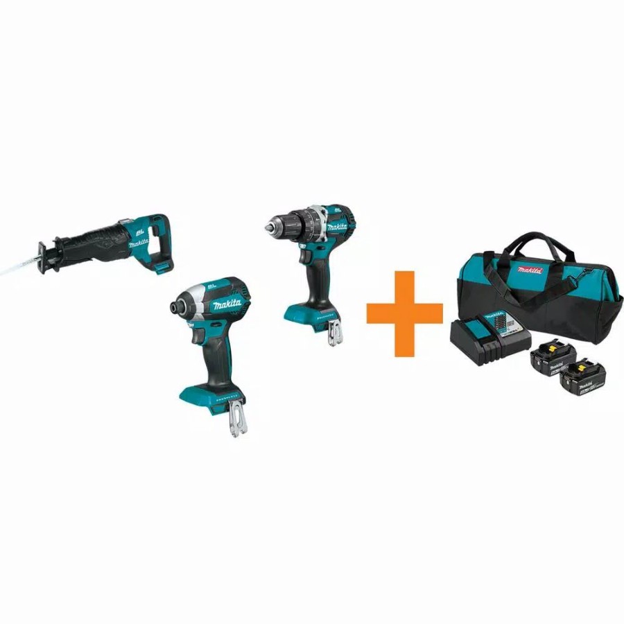 Power Tool Combo Kits * | Power Tool Combo Kits Makita 18V Lxt Brushless 1/4 In. Impact Driver, 1/2 In. Hammer Driver-Drill And Recipro Saw With Bonus 18V Lxt Starter Pack