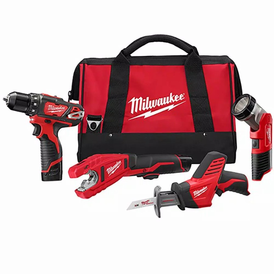 Power Tool Combo Kits * | Power Tool Combo Kits Milwaukee M12 12-Volt Lithium-Ion Cordless Combo Tool Kit (4-Tool) With (2) 1.5 Ah Batteries, (1) Charger, (1) Tool Bag