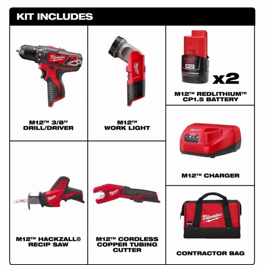 Power Tool Combo Kits * | Power Tool Combo Kits Milwaukee M12 12-Volt Lithium-Ion Cordless Combo Tool Kit (4-Tool) With (2) 1.5 Ah Batteries, (1) Charger, (1) Tool Bag