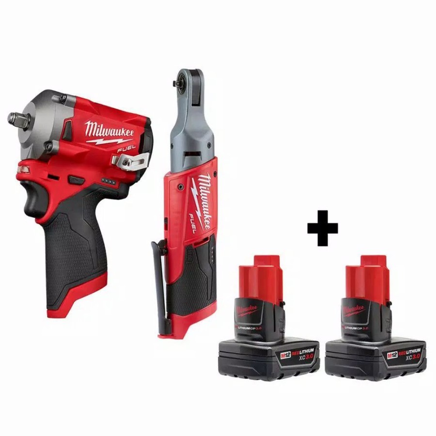 Impact Wrenches * | Impact Wrenches Milwaukee M12 Fuel 12-Volt Lithium-Ion Brushless Cordless Stubby 3/8 In. Impact Wrench & 1/4 In. Ratchet With Two 3.0Ah Batteries