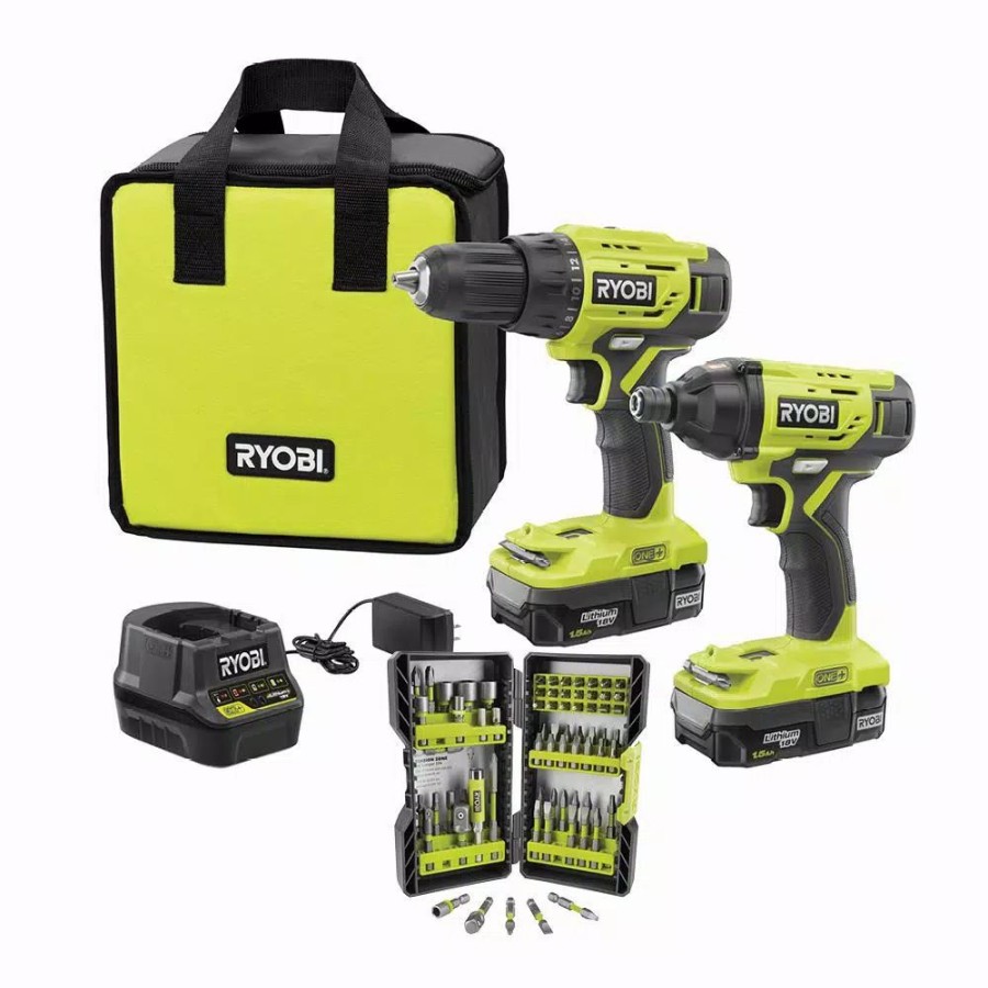 Power Tool Combo Kits * | Power Tool Combo Kits Ryobi 18-Volt One+ Cordless 2-Tool Combo Kit W/ (2) 1.5Ah Batteries, Charger & Bag W/ Bonus Impact Rated Driving Kit (70Piece)