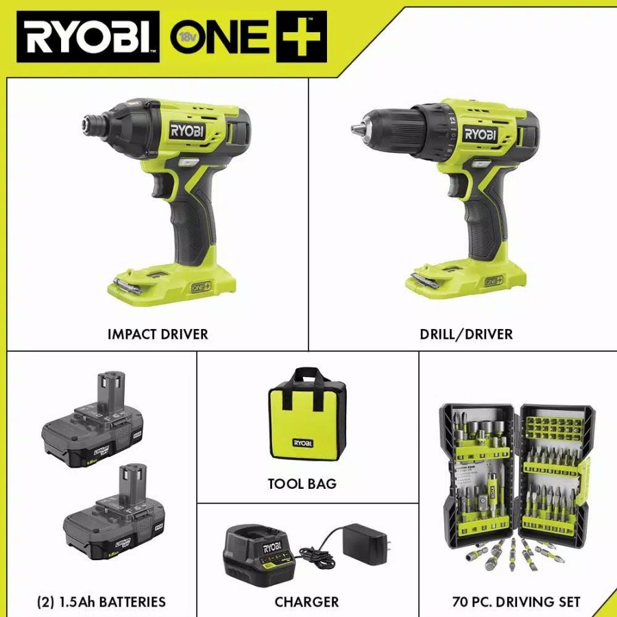 Power Tool Combo Kits * | Power Tool Combo Kits Ryobi 18-Volt One+ Cordless 2-Tool Combo Kit W/ (2) 1.5Ah Batteries, Charger & Bag W/ Bonus Impact Rated Driving Kit (70Piece)