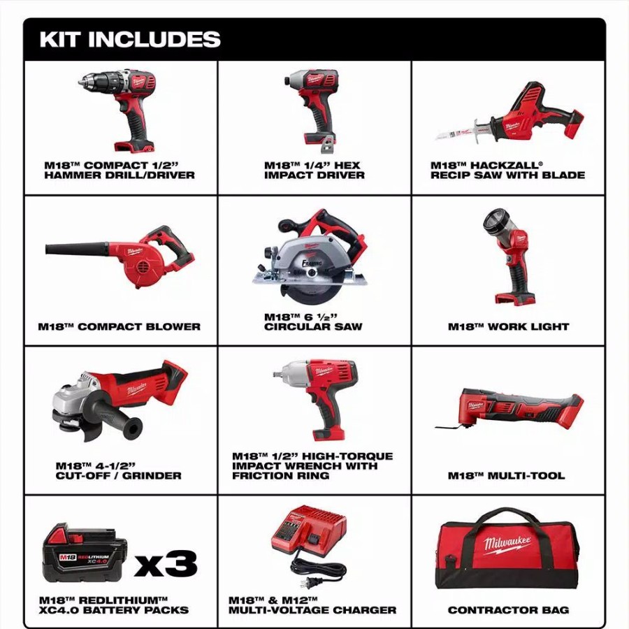 Power Tool Combo Kits * | Power Tool Combo Kits Milwaukee M18 18-Volt Lithium-Ion Cordless Combo Tool Kit (9-Tool) With (3) 4.0 Ah Batteries, Charger And Tool Bag