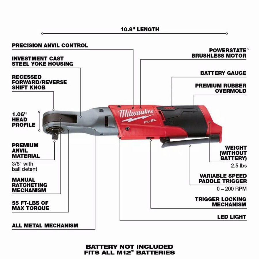 Impact Wrenches * | Impact Wrenches Milwaukee M12 Fuel 12-Volt Lithium-Ion Brushless Cordless Stubby 3/8 In. Impact Wrench And Ratchet Kit (Tool-Only Kit)