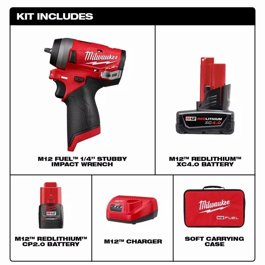 Impact Wrenches * | Impact Wrenches Milwaukee M12 Fuel 12-Volt Lithium-Ion Brushless Cordless Stubby 1/4 In. Impact Wrench Kit With One 4.0 And One 2.0Ah Batteries