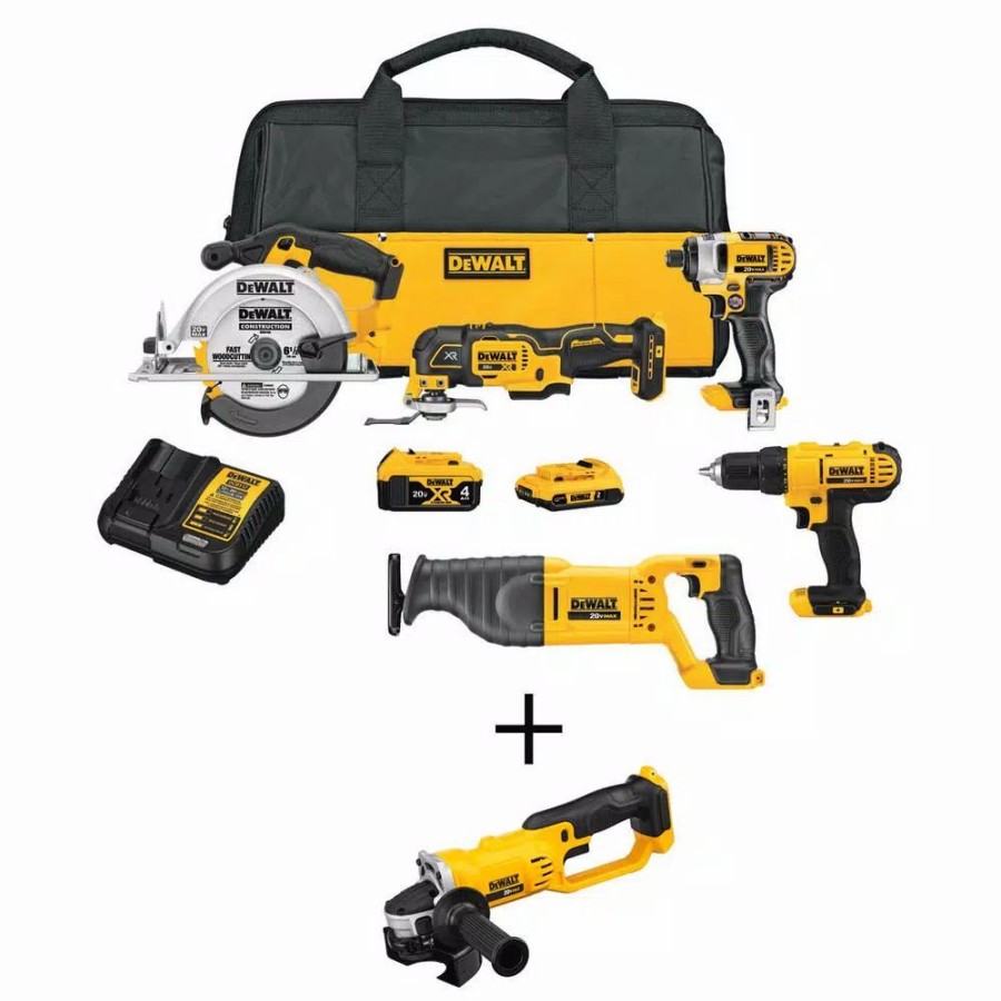 Power Tool Combo Kits * | Power Tool Combo Kits Dewalt 20-Volt Max Cordless Combo Kit (5-Tool) With (1) 20-Volt 4.0Ah Battery, (1) 20-Volt 2.0Ah Battery & 4-1/2 In. Grinder