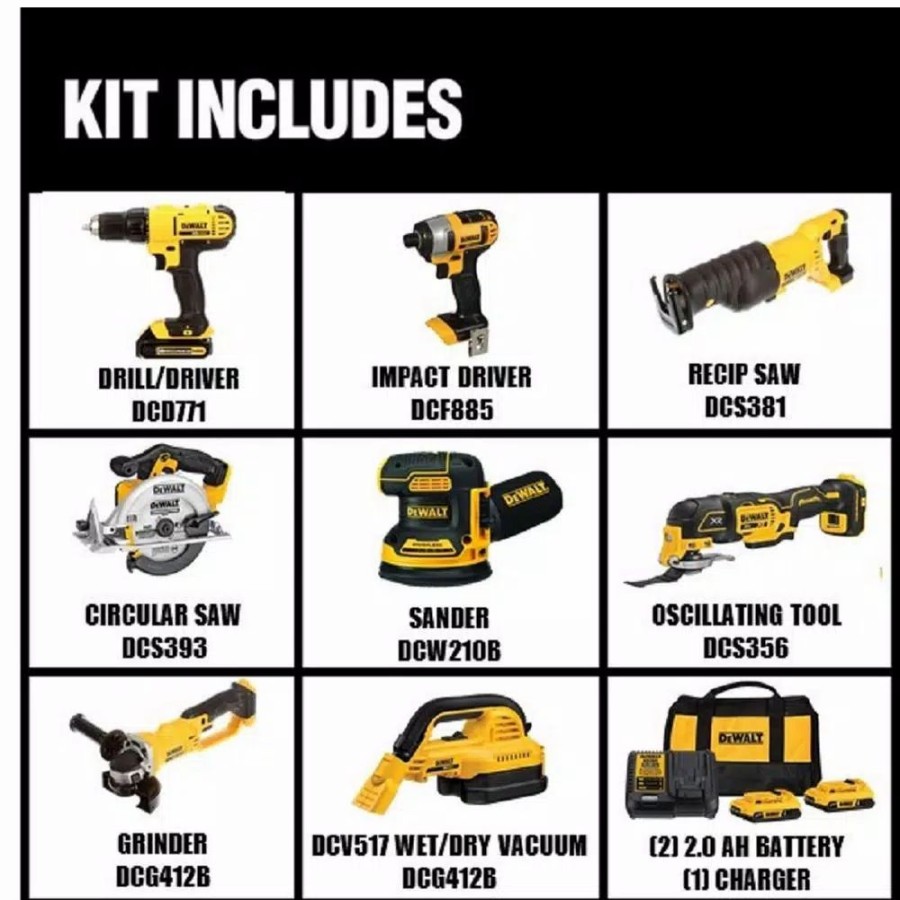 Power Tool Combo Kits * | Power Tool Combo Kits Dewalt 20-Volt Max Cordless Combo Kit (8-Tool) With (2) 20-Volt 2.0Ah Batteries & Charger