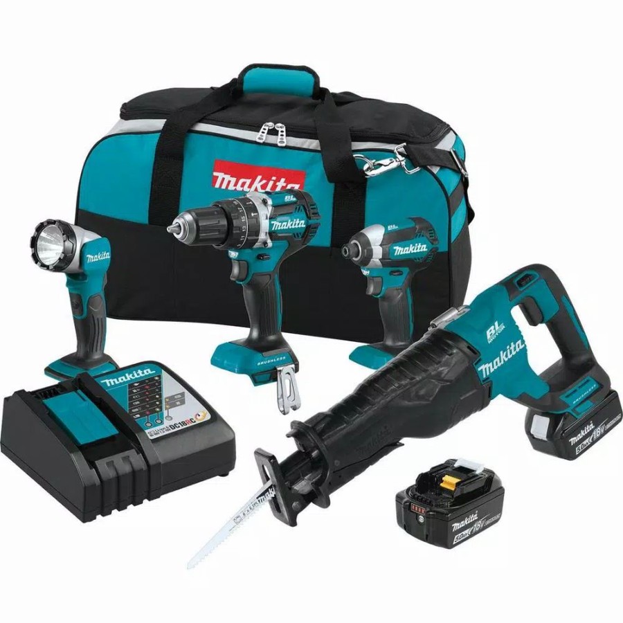 Power Tool Combo Kits * | Power Tool Combo Kits Makita 18-Volt 4-Piece 5.0Ah Lxt Lithium-Ion Brushless Cordless Combo Kit Hammer Drill/ Impact Driver/ Recipro Saw/ Flashlight