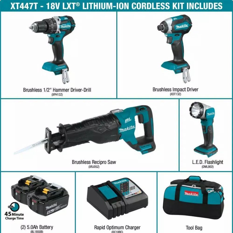 Power Tool Combo Kits * | Power Tool Combo Kits Makita 18-Volt 4-Piece 5.0Ah Lxt Lithium-Ion Brushless Cordless Combo Kit Hammer Drill/ Impact Driver/ Recipro Saw/ Flashlight